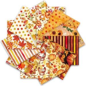 Fall Cotton Fabric Bundle – 12 Pieces, 18x22 Inch, Pumpkin, Maple & Sunflower Prints for Thanksgiving DIY