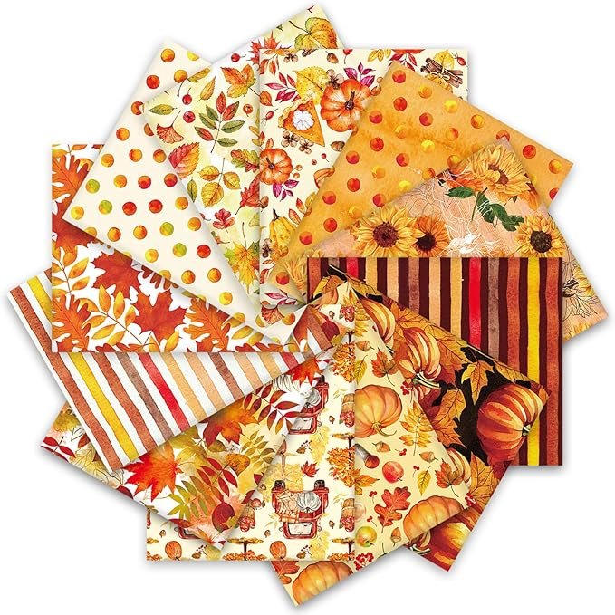 Fall Cotton Fabric Bundle – 12 Pieces, 18×22 Inch, Pumpkin, Maple & Sunflower Prints for Thanksgiving DIY