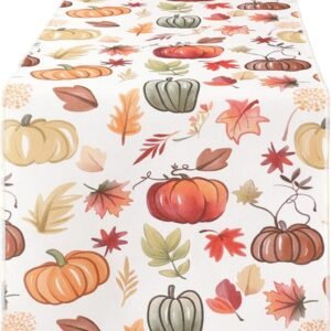 Fall Table Runner – 13"x72", Thanksgiving Harvest Pumpkins & Maple Leaves, Waterproof & Washable
