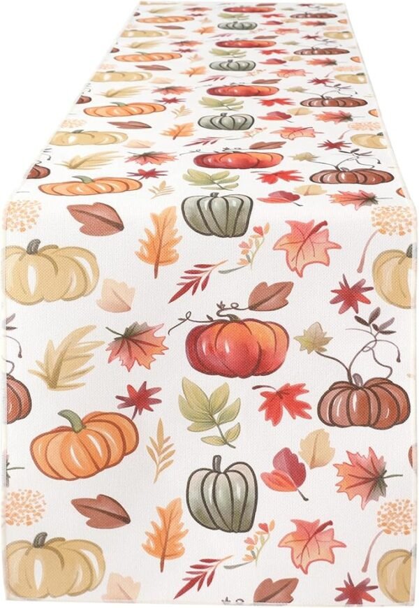 Fall Table Runner – 13"x72", Thanksgiving Harvest Pumpkins & Maple Leaves, Waterproof & Washable