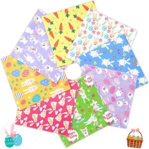 8 Pieces Easter Fabric – 19.7x19.7 Inch Squares, Bunny, Carrot, Egg & Chick Prints for DIY Crafts