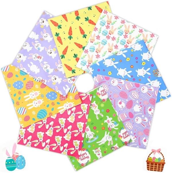 8 Pieces Easter Fabric – 19.7x19.7 Inch Squares, Bunny, Carrot, Egg & Chick Prints for DIY Crafts