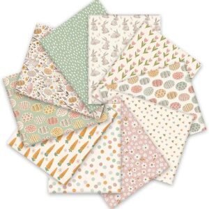 Easter Cotton Fabric Bundle – 10 Pieces, 18x22 Inch, Bunny, Egg & Carrot Prints, Pastel Colors