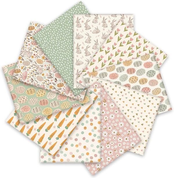 Easter Cotton Fabric Bundle – 10 Pieces, 18x22 Inch, Bunny, Egg & Carrot Prints, Pastel Colors