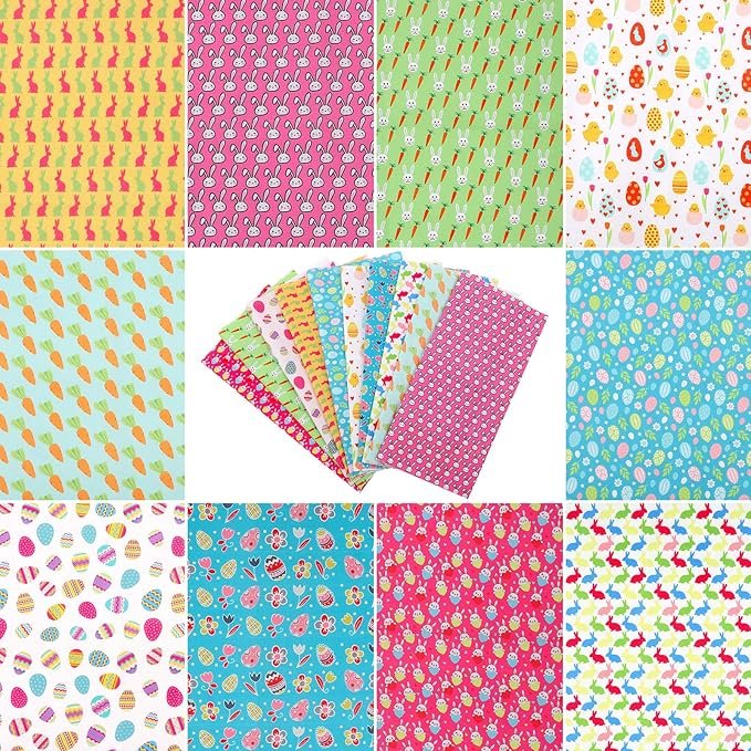 Easter Fabric Bundle – 10 Pieces, 10×10 Inch, Egg & Rabbit Prints, 10 Patterns for Sewing & Crafts