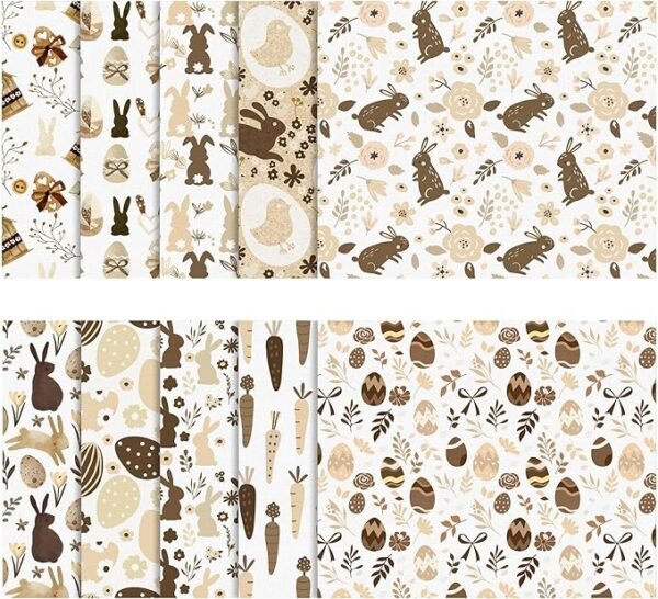 Easter Bunny Cotton Fabric Bundle – 10 Pieces, 18x22 Inch Quilting Squares, Multicolor