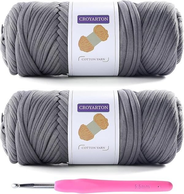 T-Shirt Yarn 2-Pack + Hook – 130 Yds, 14oz, Dark Gray for Bags & Decor