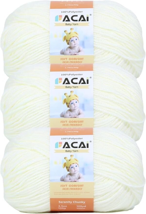 Soft Baby Yarn – 100% Acrylic, 50g/110 Yards per Ball, Milky, Pack of 3 for Knitting