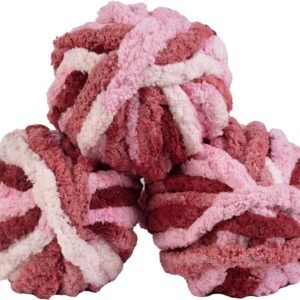 3-Pack Chunky Chenille Yarn (72 Yards) – Tie-Dye Pink & Red – Soft Fluffy Yarn for Blankets
