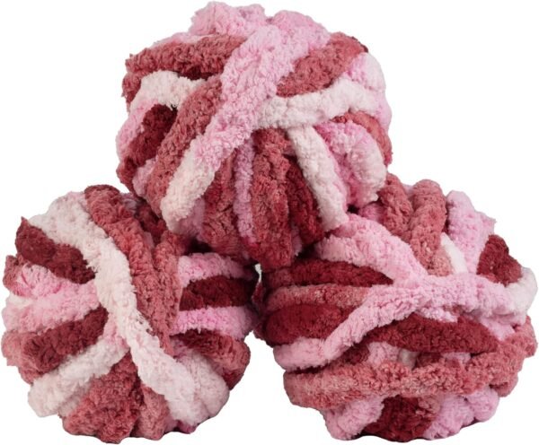 3-Pack Chunky Chenille Yarn (72 Yards) – Tie-Dye Pink & Red – Soft Fluffy Yarn for Blankets