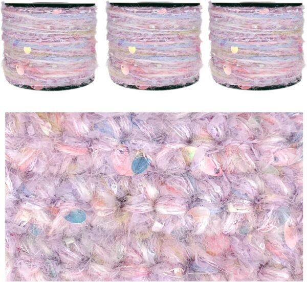 Set of 3 Multifiber Fancy Yarn with Sequins & Iridescent Shimmering Threads for Knitting Crocheting - Lilac