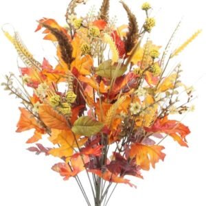 Artificial Fall Flowers – 25" Maple Leaves & Berries, Gold/Orange, Autumn Decor