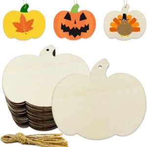 30pcs Unfinished Wooden Pumpkin Cutouts with Rope – DIY Fall, Thanksgiving & Halloween Decor