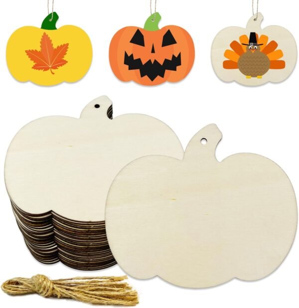 30pcs Unfinished Wooden Pumpkin Cutouts with Rope – DIY Fall, Thanksgiving & Halloween Decor