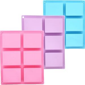 3 Pack Silicone Rectangle Soap Molds – 6 Cavities for Soap, Cake, Chocolate & Ice Cubes (Blue, Pink, Purple)