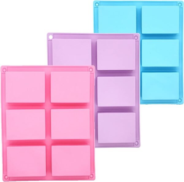 3 Pack Silicone Rectangle Soap Molds – 6 Cavities for Soap, Cake, Chocolate & Ice Cubes (Blue, Pink, Purple)
