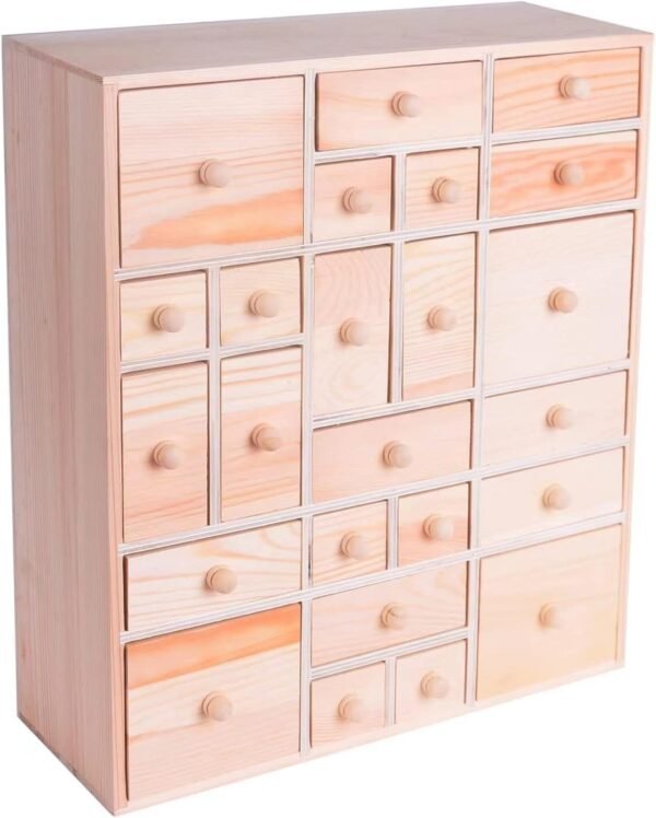 Wooden DIY Advent Calendar with 24 Drawers – Unfinished Craft Organizer or Apothecary Cabinet (14" x 12" x 4.3")