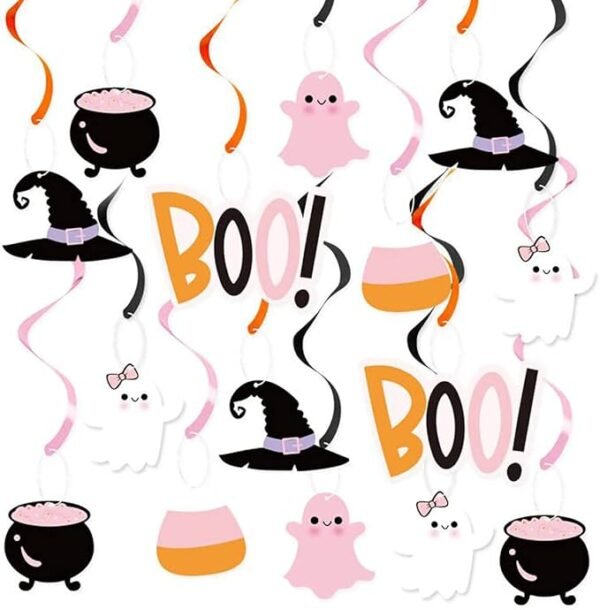 20Pcs Halloween Pink Ghost & Bat Swirl Streamers – Boo Ceiling Hanging Decorations for Baby Showers & Kids Birthday Parties