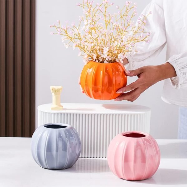 Pumpkin Shaped Ceramic Vase – Orange Decorative Planter for Flowers, Dried Blooms, Hydroponics, Home Office Party Wedding Decor