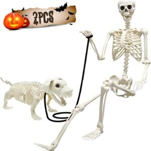 5.4FT Life-Size Skeleton with Skeleton Dog – Halloween Graveyard & Haunted House Decor