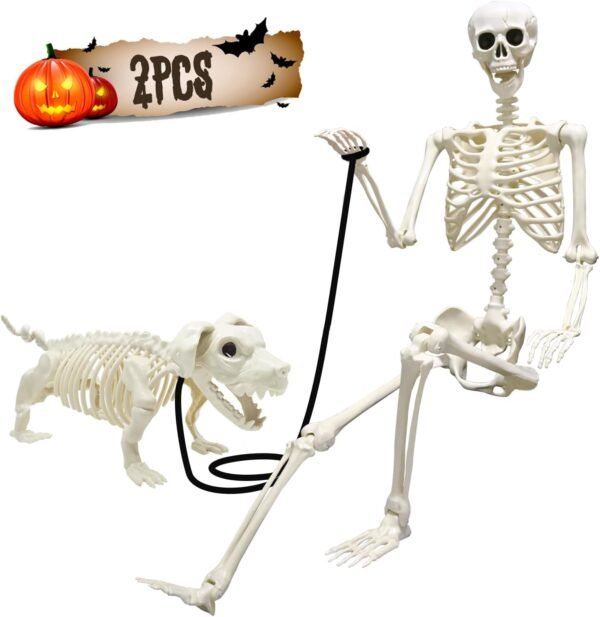 5.4FT Life-Size Skeleton with Skeleton Dog – Halloween Graveyard & Haunted House Decor