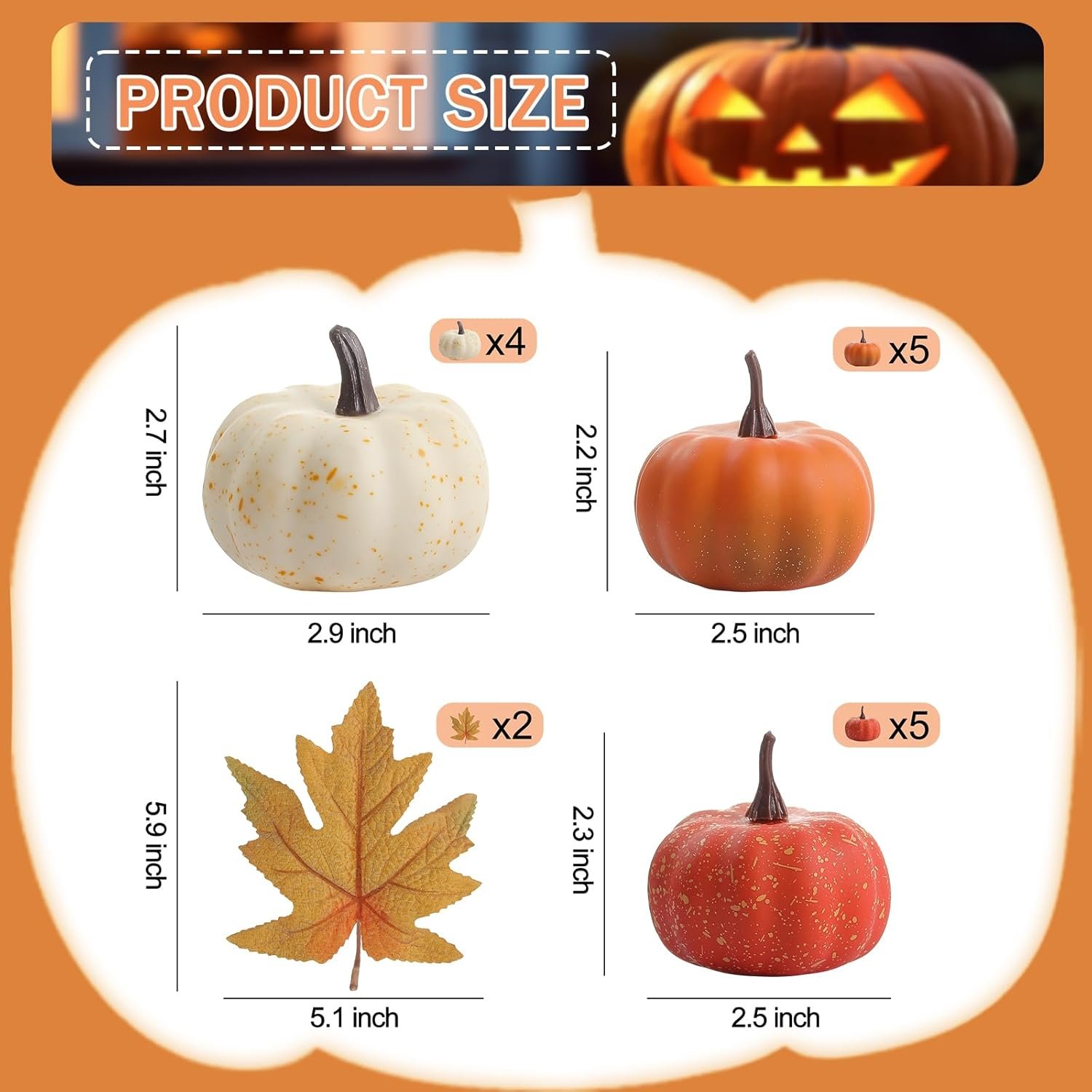 16PCS Mini Artificial Pumpkins with Fall Leaves – White Foam DIY Decor for Thanksgiving & Halloween - Image 3