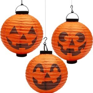 3 Pack 13" Light-Up Jack-O’-Lantern Paper Lanterns – Assorted Halloween Designs for Indoor & Outdoor Decor
