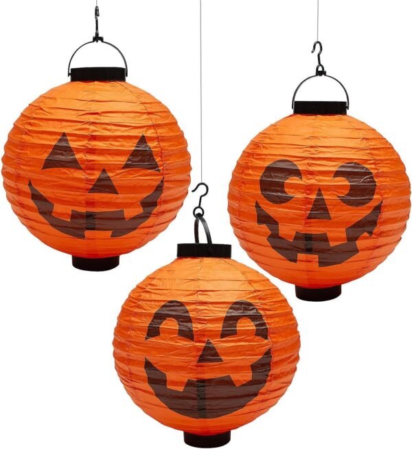 3 Pack 13" Light-Up Jack-O’-Lantern Paper Lanterns – Assorted Halloween Designs for Indoor & Outdoor Decor