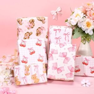10 Sheets Pink Bow Wrapping Paper – Cherry, Rabbit & Hat Designs for Baby Showers, Birthdays & Crafts
