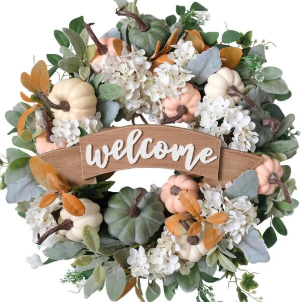 24" Pumpkin & Hydrangea Fall Wreath – Autumn Front Door Decor for Indoor & Outdoor Welcome Display