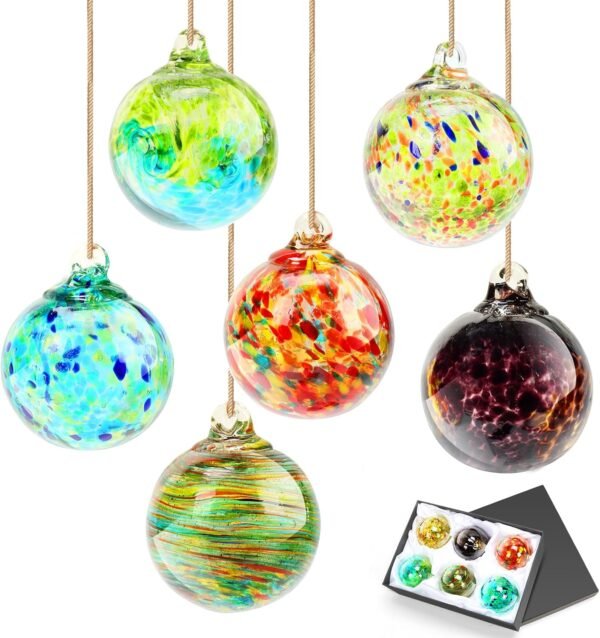 6 Pcs Hand-Blown Glass Ornaments – Colorful Hanging Friendship & Witch Balls for Home, Garden & Window Decor