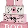 4 Pcs Pink Halloween Ghost Decor – Rustic Tiered Tray & Tabletop Centerpieces for Home & Office - Image 5