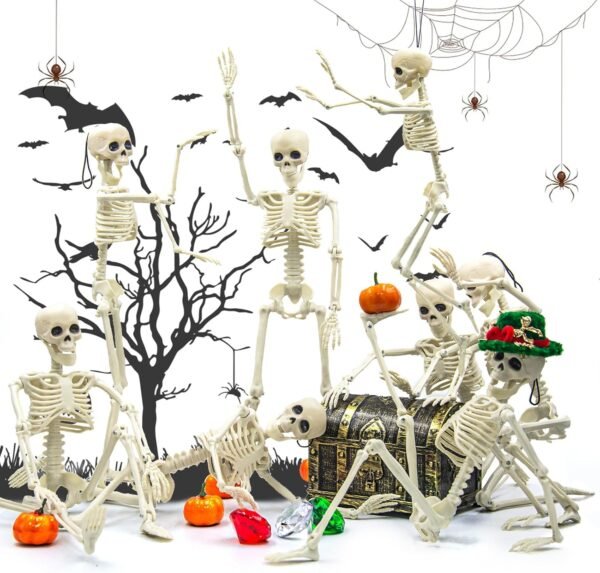 8 Pack 16" Posable Skeletons – Full Body Halloween Decor for Yard, Garden & Haunted House Props
