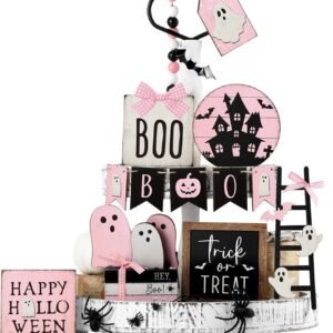 19 Pcs Halloween Tiered Tray Decor – Cute Ghost, Bat & Wooden Signs for Farmhouse Rustic Display