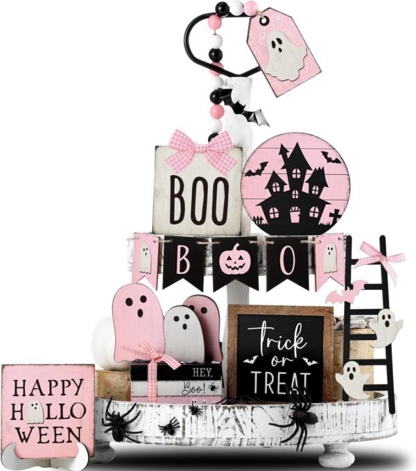 19 Pcs Halloween Tiered Tray Decor – Cute Ghost, Bat & Wooden Signs for Farmhouse Rustic Display
