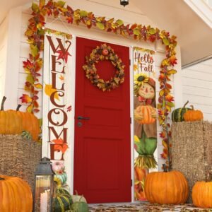 Hello Fall Porch Sign – 12"x72", Hanging Banner with Scarecrow for Thanksgiving & Autumn Harvest, Indoor/Outdoor Decor