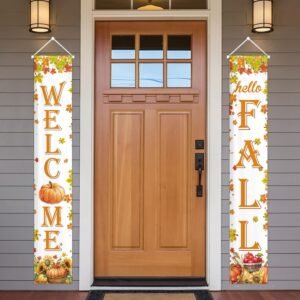 Hello Fall Porch Banner – Autumn Harvest Pumpkin & Maple Leaves Welcome Sign for Thanksgiving (Indoor/Outdoor)