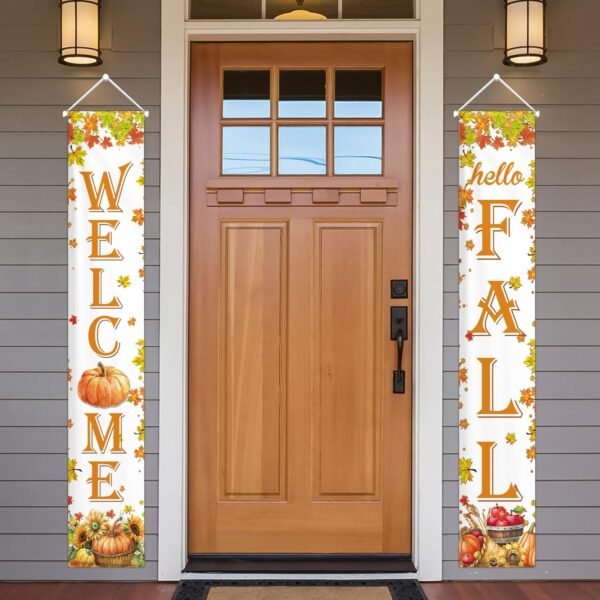 Hello Fall Porch Banner – Autumn Harvest Pumpkin & Maple Leaves Welcome Sign for Thanksgiving (Indoor/Outdoor)