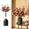 Fall Flowers in Vase – Metal Vase with 12 Fake Mum & Eucalyptus Stems, Burnt Orange Floral Centerpiece for Home Table Decor - Image 5