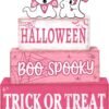 4 Pcs Pink Halloween Wooden Tiered Tray Signs – Cute Ghost Farmhouse Stackable Table Centerpieces - Image 5