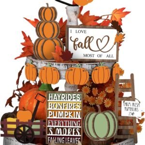 15 Pcs Fall Tiered Tray Decor – Rustic Wooden Signs, Pumpkins & Gnomes for Thanksgiving & Autumn Displays