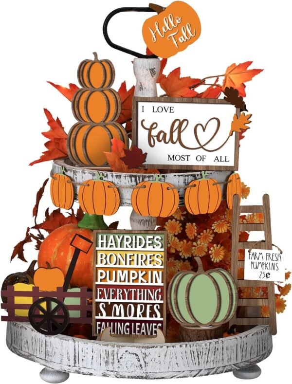 15 Pcs Fall Tiered Tray Decor – Rustic Wooden Signs, Pumpkins & Gnomes for Thanksgiving & Autumn Displays