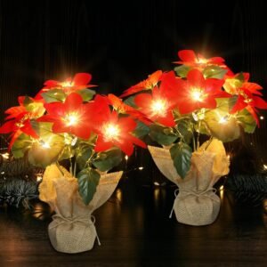 2-Pack LED Artificial Poinsettias – Realistic Silk Christmas Flowers for Indoor Table, Wedding, and Gift Decor