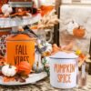 2Pcs Fall Ceramic Canisters with Lids – Mini Candy Jars with Wooden Beads, Thanksgiving Tiered Tray Farmhouse Harvest Decor - Image 2