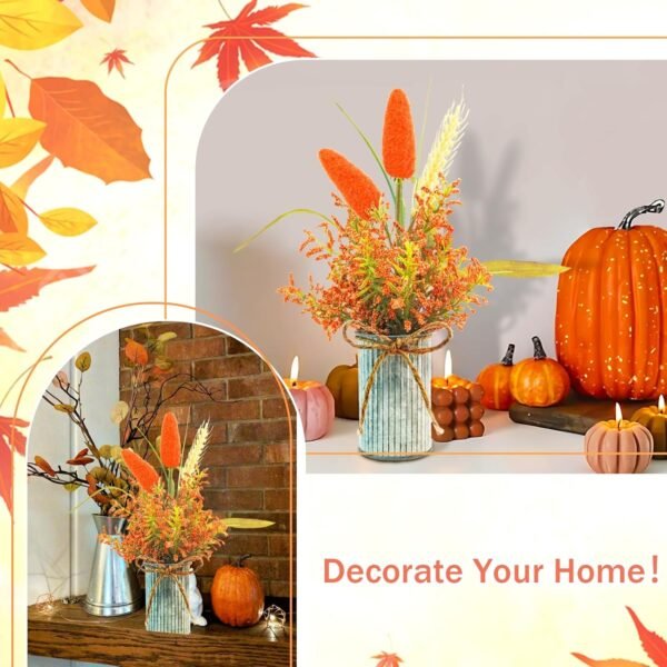 Fall Mason Jar Centerpiece with LED Lights – Set of 3 Farmhouse Painted Jars with Artificial Flowers for Thanksgiving Table & Home Decor
