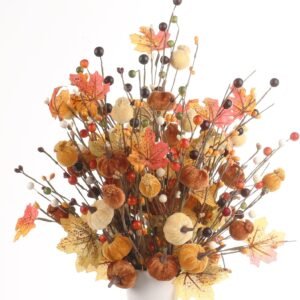 4 PCS Fall Floral Stems – 19.5" Artificial Red Berry, Maple Leaf & Pumpkin Branches for Autumn Home, Holiday, Wedding, and Vase Decor