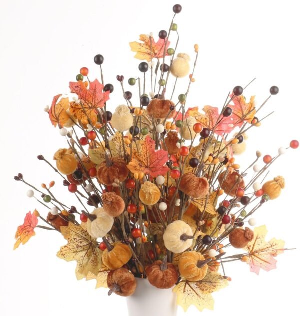 4 PCS Fall Floral Stems – 19.5" Artificial Red Berry, Maple Leaf & Pumpkin Branches for Autumn Home, Holiday, Wedding, and Vase Decor