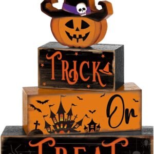 4 Pcs Halloween Table Decor – Pumpkin Hat & Skeleton Castle Wooden Signs for Tiered Trays & Tabletop Displays