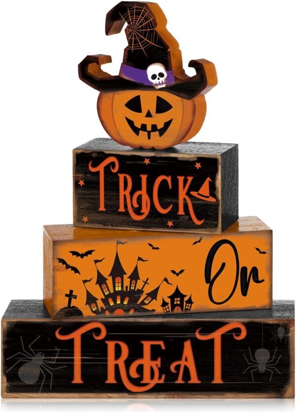 4 Pcs Halloween Table Decor – Pumpkin Hat & Skeleton Castle Wooden Signs for Tiered Trays & Tabletop Displays