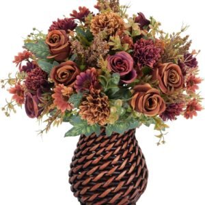 Fall Vase with Artificial Flower – 12.5" Silk Orange Roses for Home Table, Desktop, Fireplace Decor